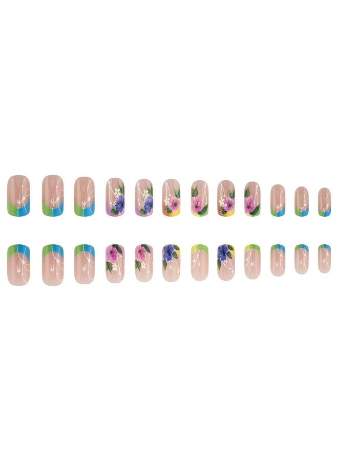 HJKDSFD Spring Press on Nails Short Square Fake Nails Colorful French Tip Acrylic Nails Press on Flower False Nails Full Cover Stick on Nails Reusable Artificial Glue on Nails for Women Girls 24Pcs - Image 5